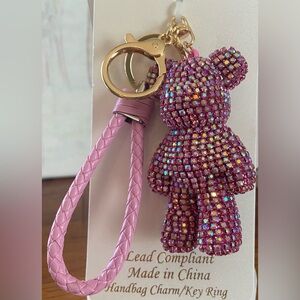 Natasha NWT Pink Rhinestone and Gold Bear Key Holder Bag Charm 4” Long